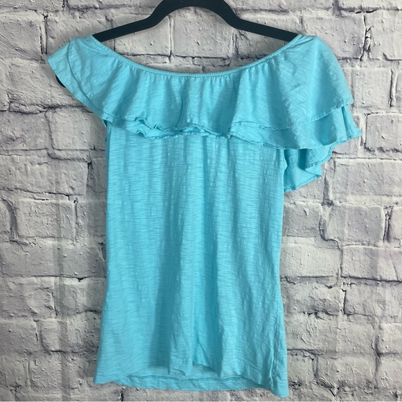 Lilly Pulitzer Wynne 100% Pima Cotton Off Shoulder Ruffle Top Blue Small - Picture 6 of 16